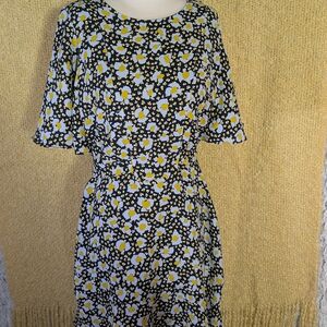 KAREN MILLEN $204 Navy Crepe‎ Floral Bow Belted Lined Flutter Dress Size US 10